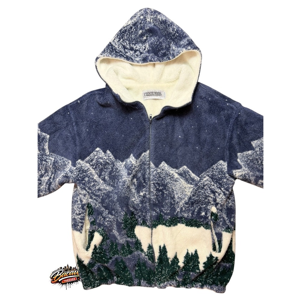 Country Woods Mountain Landscape Fleece Hoodie Zip Up Jacket Blue White Winter